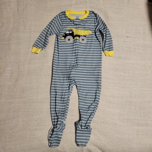 Carter's Zip Up Footled Pjs Pajamas Size 24M Stripes and Dump Truck - Picture 2 of 6
